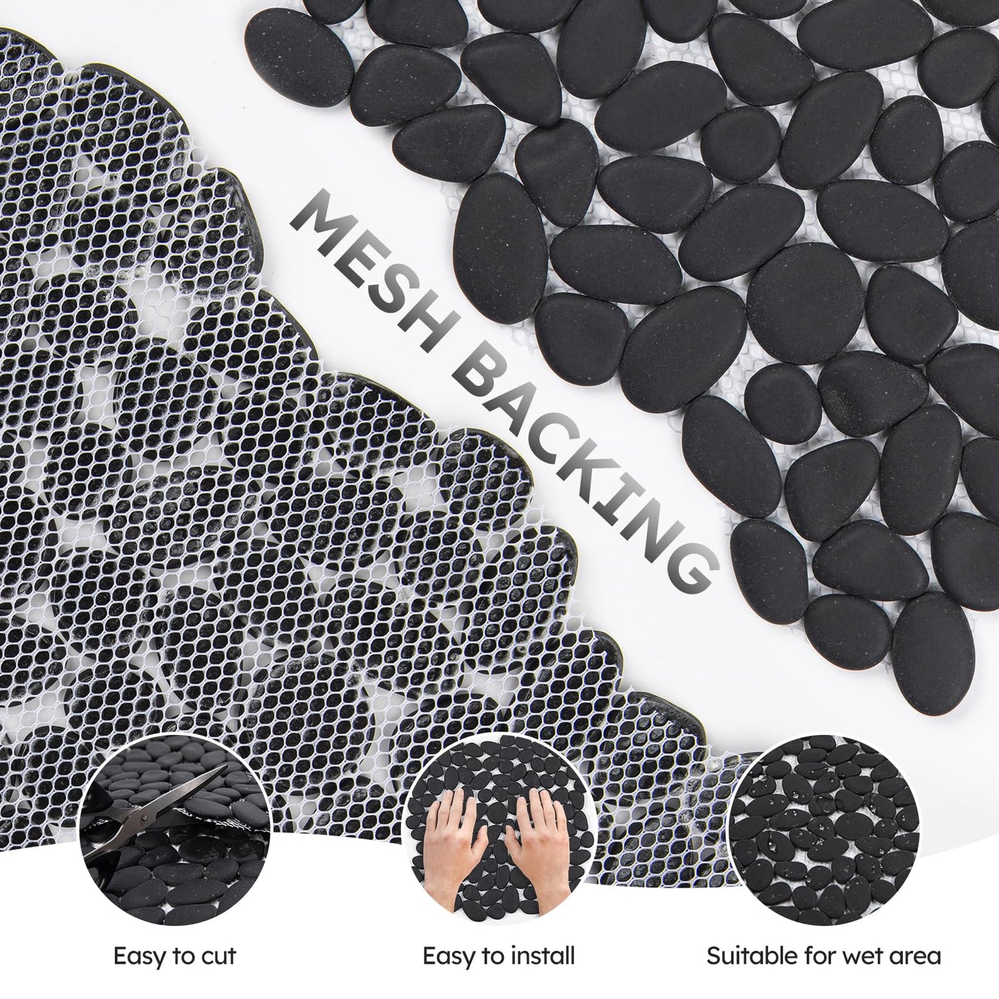 Diflart Pebble Tile for Shower Floor, Black Oval, 5 Sheets, Pebble Mosiac Backsplash for Kitchen Bathroom Wall and Floor Tile