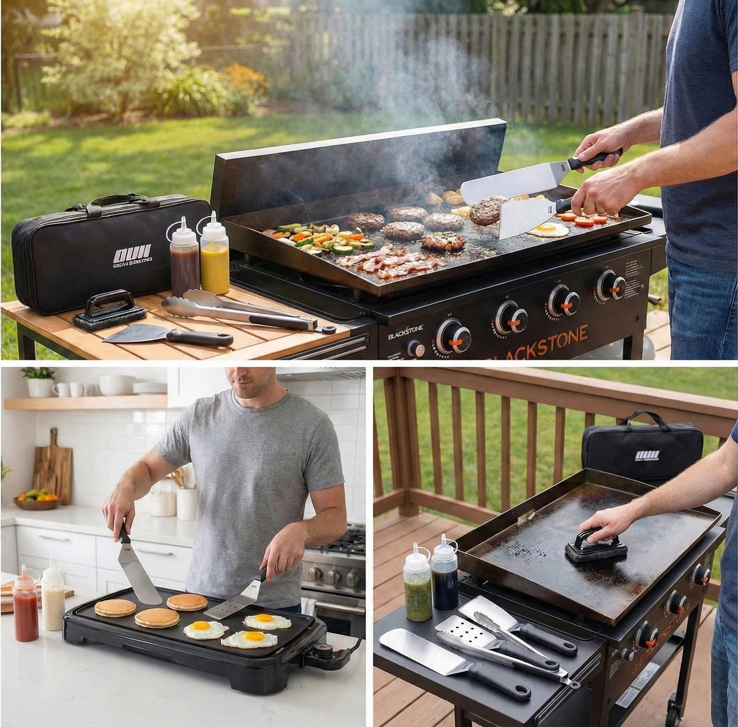 OUII Flat Top Griddle Accessories for Blackstone and Camp Chef Griddle - 9 Pieces Set with Griddle Cleaning Kit and Carry Bag! Metal Spatula, Scraper for Hibachi and Teppanyaki Grill