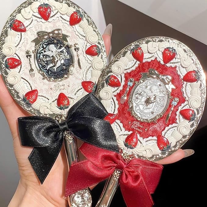 Flower Knows Strawberry Cupid Hand Mirror,Vintage Handheld Mirror,Fancy & Pretty Princess Mirror with Long Handle,Gift for Girls & Women(Red Velvet)