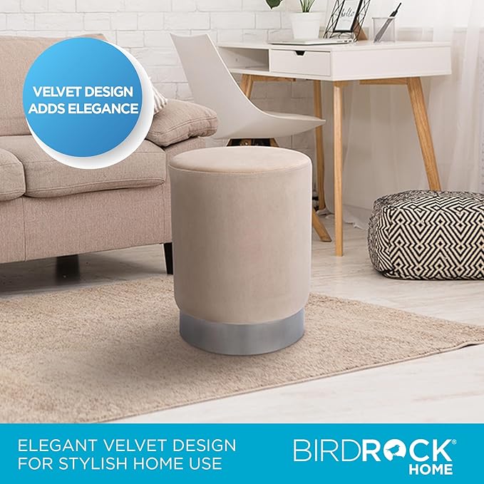 BIRDROCK HOME Round Ottoman Foot Stool – Soft Padded Modern Stool Design – Ideal for Living Room, Bedroom – Compact Footrest, Vanity Chair, Small Furniture – Foam Seating, Decorative Accent (Taupe)