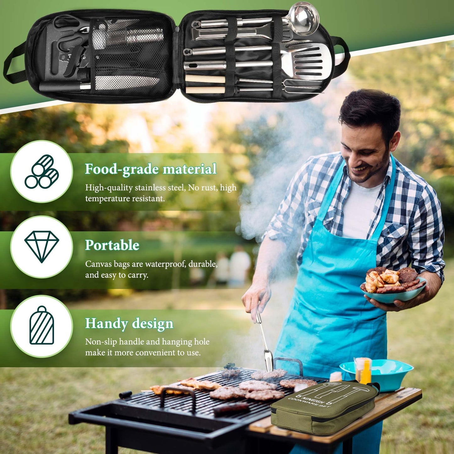 Camping Cookware Set, Camping Kitchen Gear, Camp Utensil Set Stainless Steel Grill Tools, Camping Cooking BBQ Equipment Kit for Travel Tent Picnic Portable Kitchen Essentials Accessories