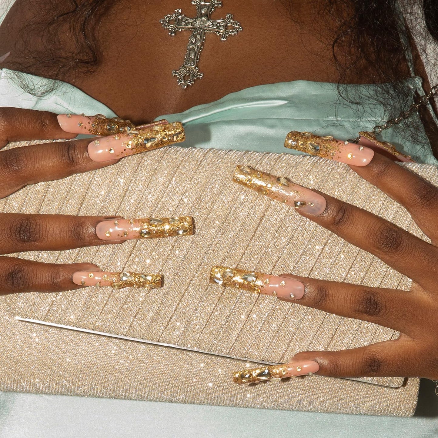 LOVFUL Gold Bling Press On Nails, Stunning Drill Glue On Nails, Luxury Fake Nails, Princess Nails | Handmade Nails l Fake Stick on nails | Square Long 2.2 in | H84(L)
