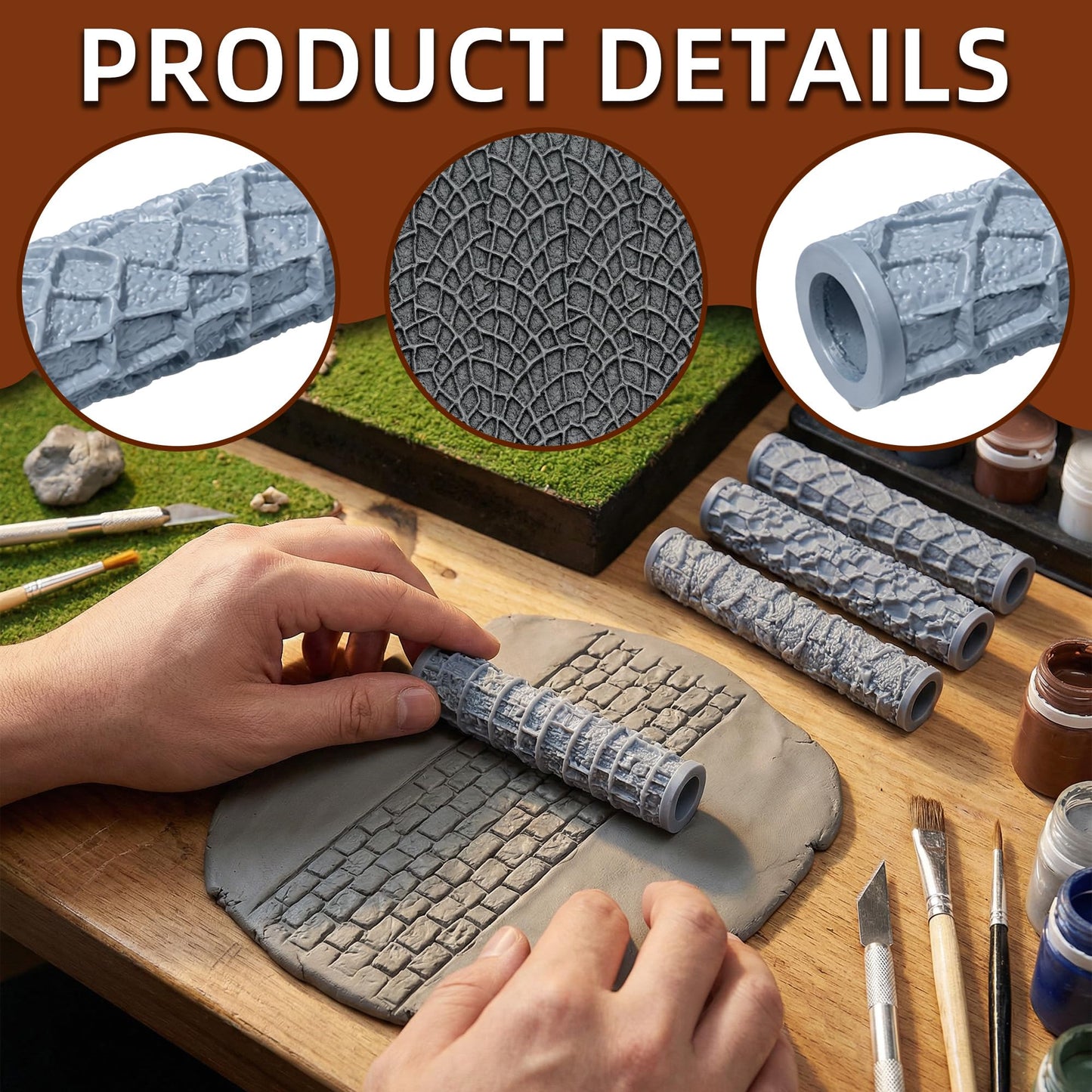 Warmtree 4 Pcs Terrain Texture Roller Set Polymer Clay Texture Roller for DIY Modeling Scenic Terrain Wall Road Model Miniatures Landscape