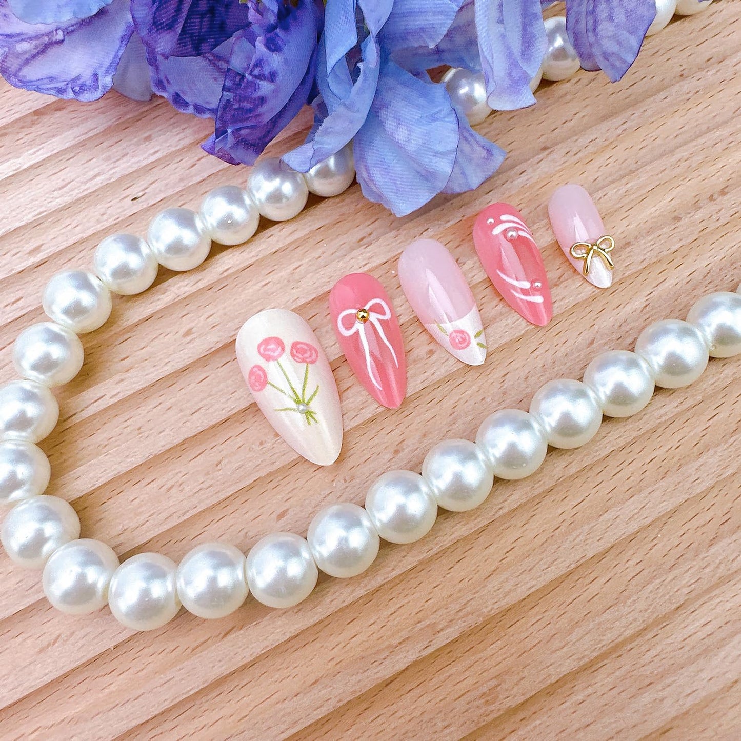 24Pcs Spring Press on Nails Medium Almond Fake Nails with 3D Bow Designs Rose Flower False Nails Reusable Bow Acrylic Nails Floral French Tip Full Cover Stick on Nails for Women