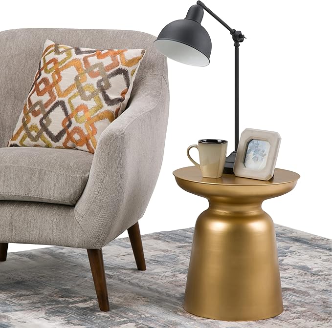 SIMPLIHOME Toby Metal Table - 17 inch Wide Solid Iron Drum Accent Table in Gold, Industrial Side or End Table for Living Room, Bedroom or Entryway with Sculptural Design, Assembled