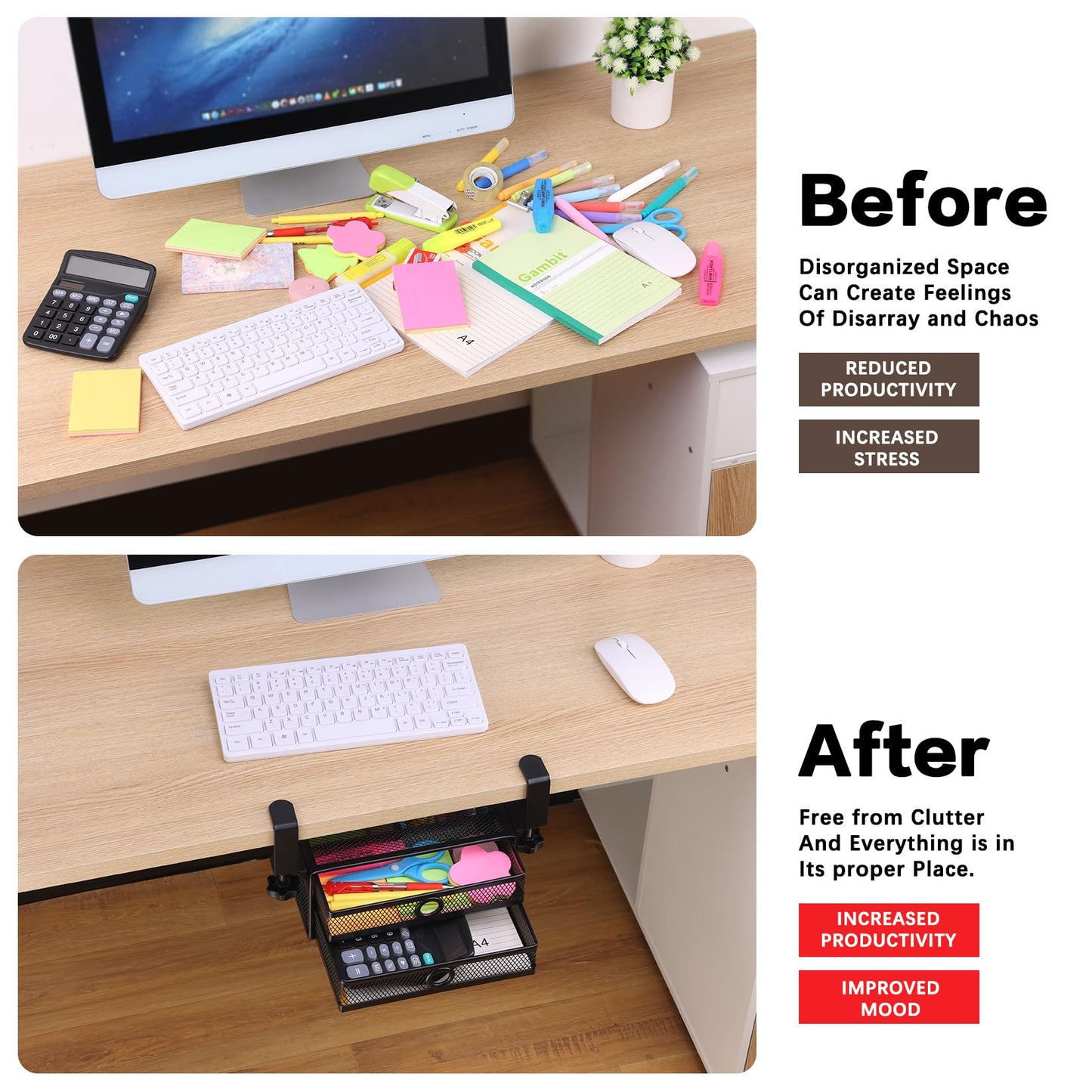 ROSYLINE Under Desk & Desktop Drawer Organizer - 2-Tier Metal Slide Out Drawers Organizer, Storage for Home Office Desk (Black)