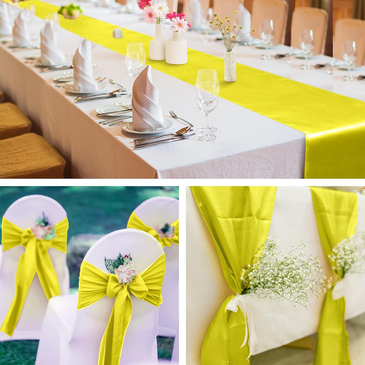 Aneco 12 Pack Satin Table Runner 12 x 108 Inch Yellow Long Wedding Satin Silk Table Runner for Wedding Banquet Graduations Birthday Party Decoration