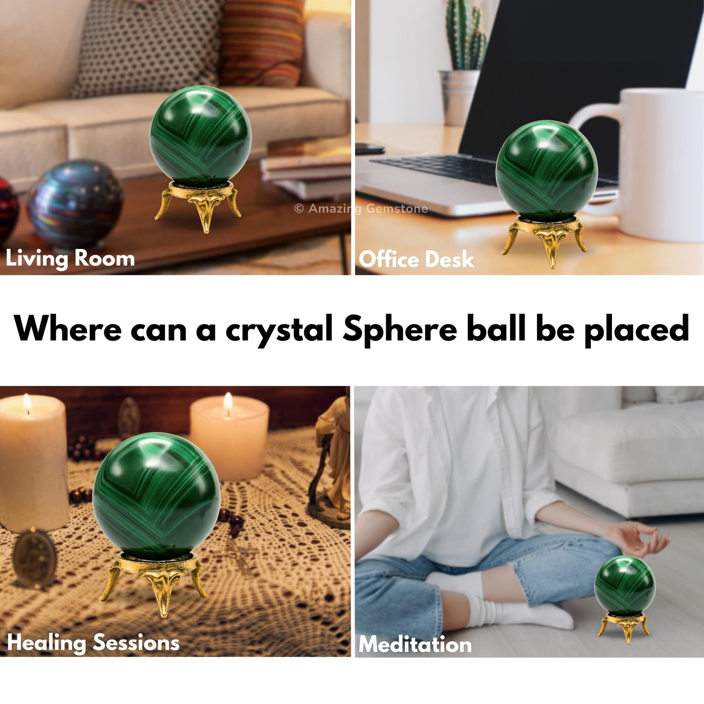 Amazing Gemstone Malachite Crystal Ball with Stand - 2" Inches Crystal Sphere Meditation Balls for Witchcraft and Decorative Balls