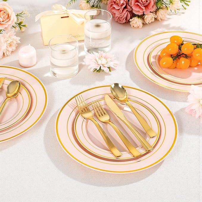 100PCS Pink Plastic Plates, 10 Inch Disposable Dinner Plate Party with Gold Rim, Heavy Duty Disposable Plastic Plates for Party, Wedding & Birthday & Valentine's Day