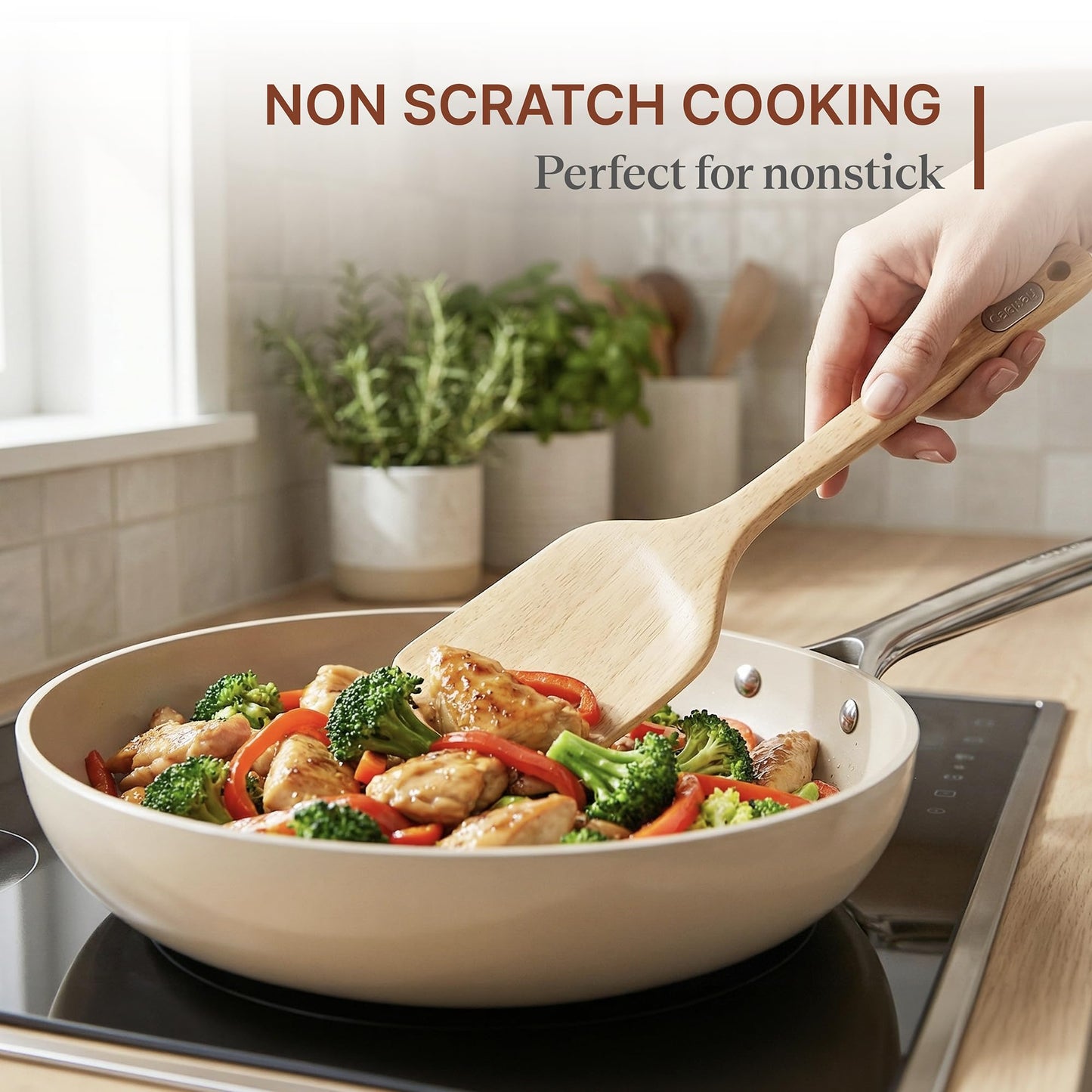 Koppen Rubber Wood Kitchen Utensils Set, Durable Wooden Cooking Spoon and Spatula Ladle for Nonstick Cookware, Non Toxic, Heat Resistant, Smooth Grip, Modern Elegant Design for Everyday (5 Piece Set)