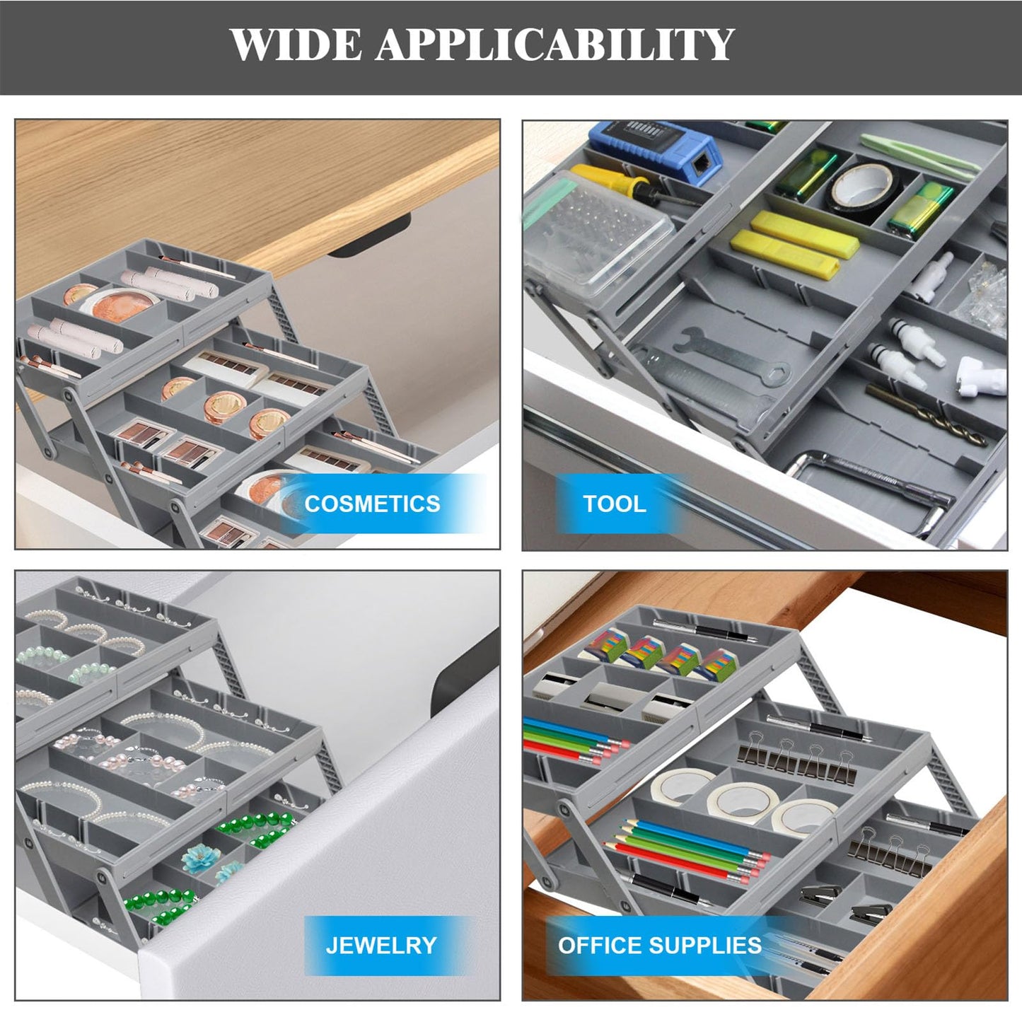 Fockety Drawer Organizer, Multi Level Collapsible Drawer Organizer with Adjustable Compartments, Expandable Desk Organizer Trays for Jewelry, Makeup, Silverware Storage Organizer (2