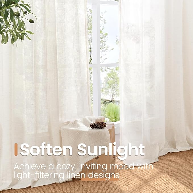 BGment 45 Inch Length Linen Semi Sheer Curtains for Living Room Window - Short Drapes Light Filtering Natural Rustic with Rod Pocket for Bedroom Lightweight, 2 Panels Set, 42 X 45 Inch