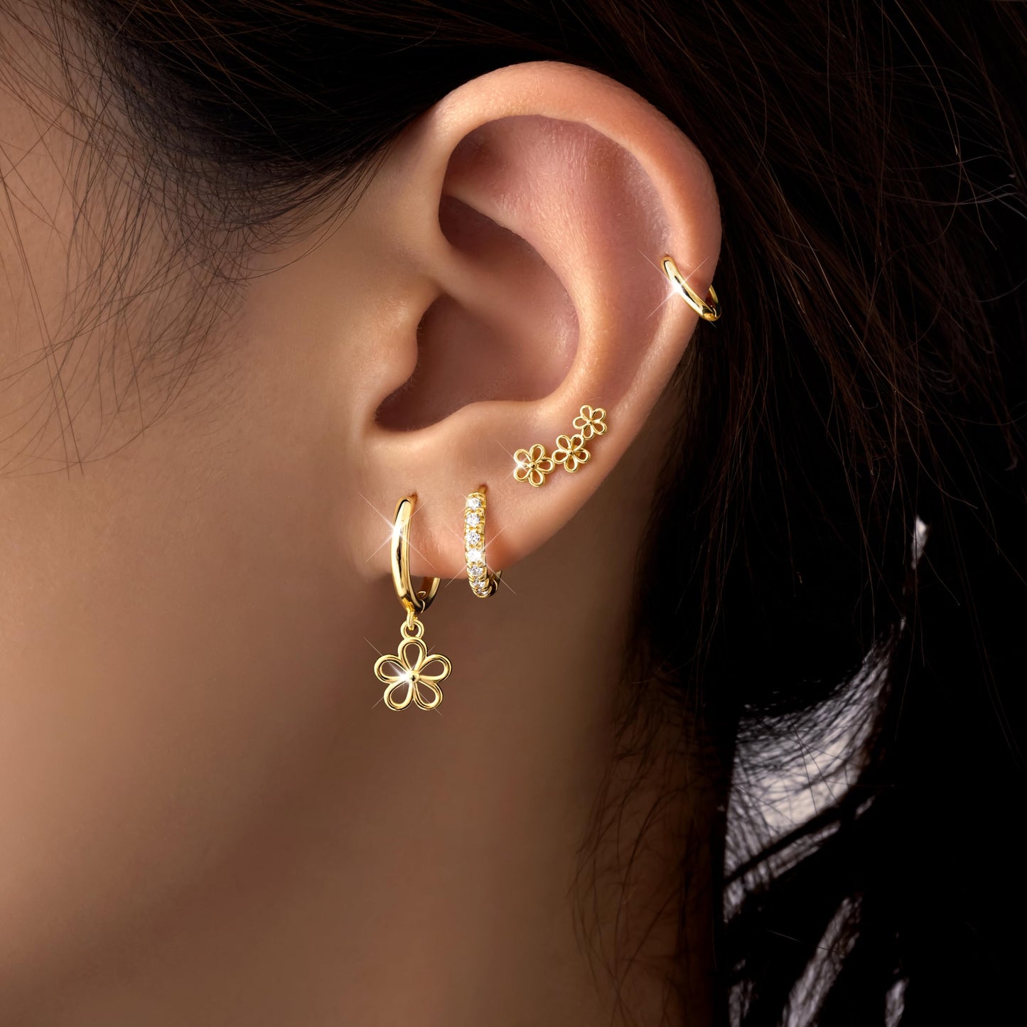 Gold Flower Earrings for Women,Huggie Small Stack Cartilage Stud Hoop Earring Sets for Multiple Double Piercing, Conch Helix Rook Tragus Daith Piercing Gold Clip On Jewelry Set Gifts