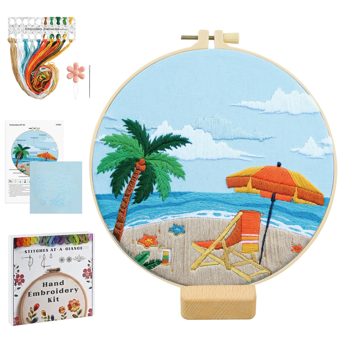 ElasignShopo Ocean Embroidery Kit for Beginners Adults, Easy Cross Stitch Kit Spring Summer Beach Ocean Pattern Embroidery Starter Kits with Wooden Hoop Needles Threads Display Stand and Instruction