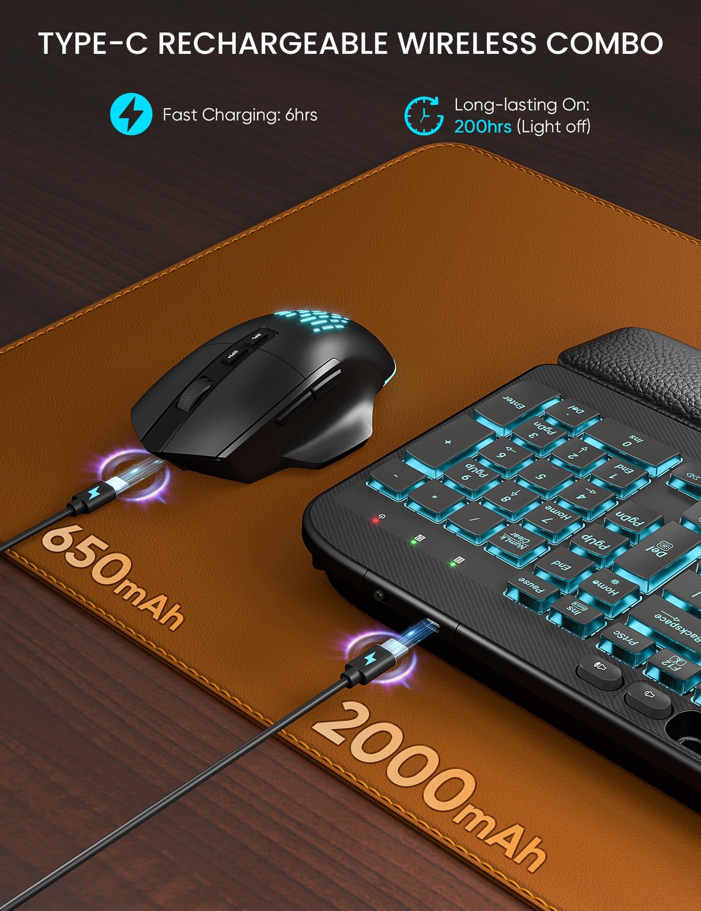 SABLUTE MA22 Pro Wireless Keyboard and Mouse Combo - Ergonomic Wave Keyboard with Soft Leather Wrist Rest, Phone Holder, Rechargeable, RGB Backlit Mouse, Full-Size Set for Windows/Mac/Computer