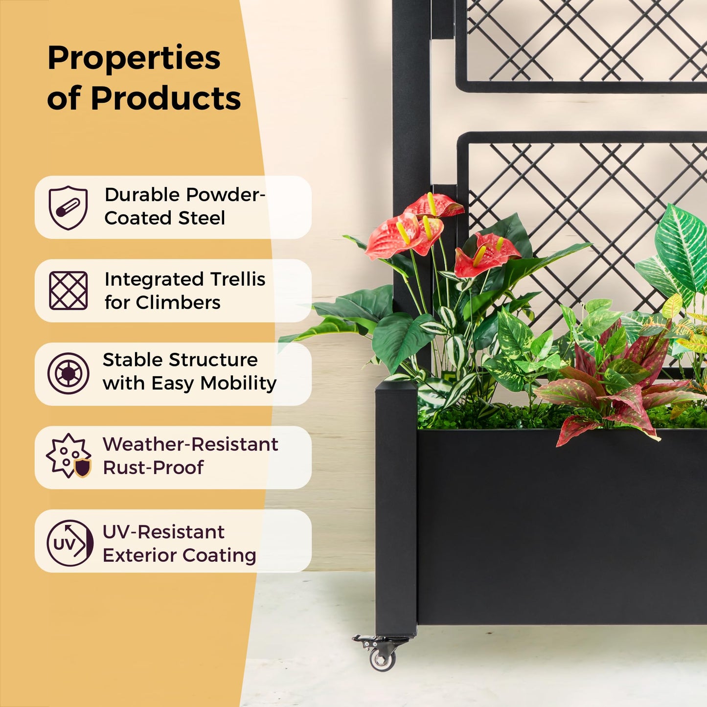 Foresland Tall Metal Planter Box with Trellis and Wheels, 72Hx46Wx16D Large Outdoor Garden Planter, 10min's Quick Setup for Climbing Plants Vines with Drainage Holes and Privacy Screen, Black