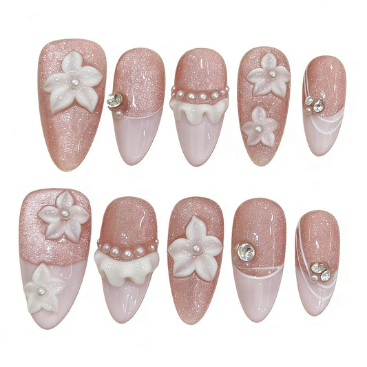 Handmade Press On Nails Medium Almond Cute Pink Cat-Eye Water Droplet Carving Reusable Wedding Prom And Festival Gift Handmade Acrylic Press On Nails Aacrylic Nail (M)