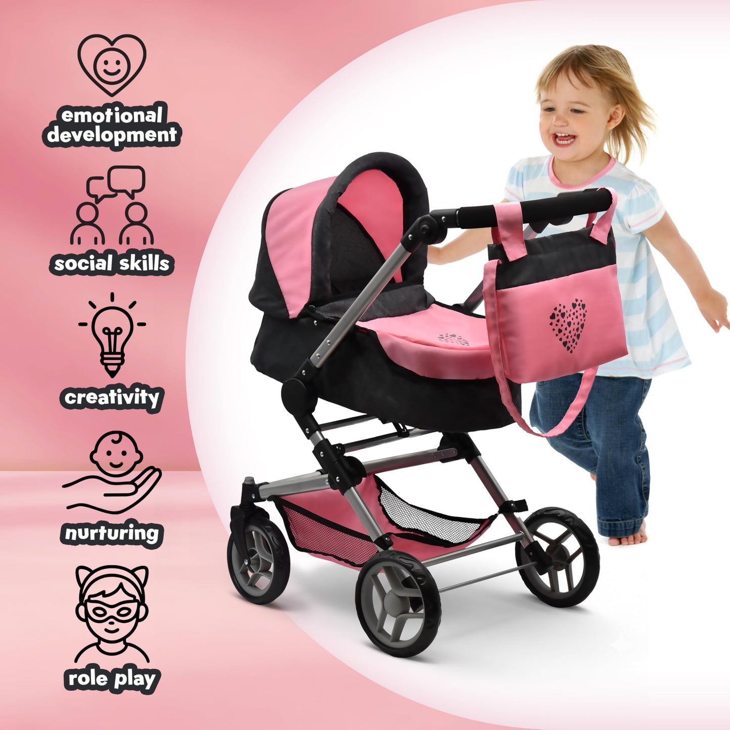 Baby Doll Convertible Stroller 3 in 1 Bassinet and Rear Facing Seat Buggy Foldable Toy Pram for Girls Toddlers Kids Swiveling Wheels Travel System Carriage Combo