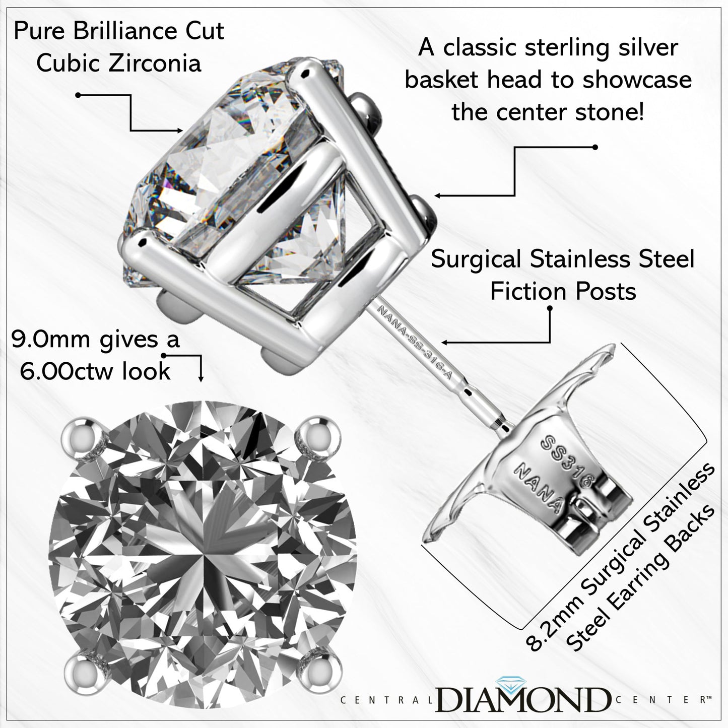 Central Diamond Center Round Simulated Diamond Stud Earrings Hypoallergenic Metal & Sterling Silver CZ - 9.00mm (6.00cttw) Platinum