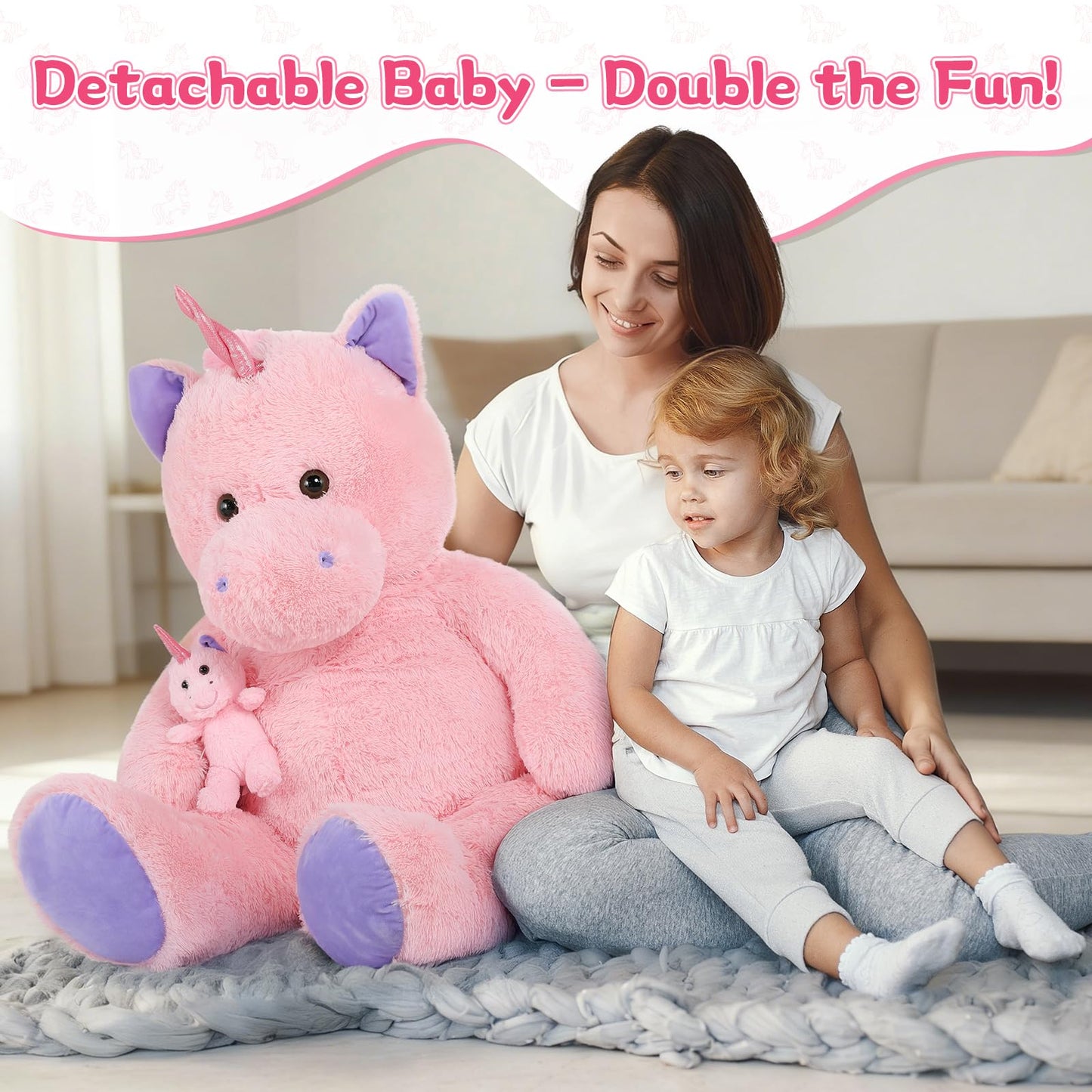 MorisMos Giant Pink Unicorn Stuffed Animal with Pony Plush Toy,39" Large Mama & Baby Stuffed Unicorn Toys Gift for Girl Boy Women Girlfriend,3ft Big Stuffed Animal for Baby Shower Birthday Party Decor