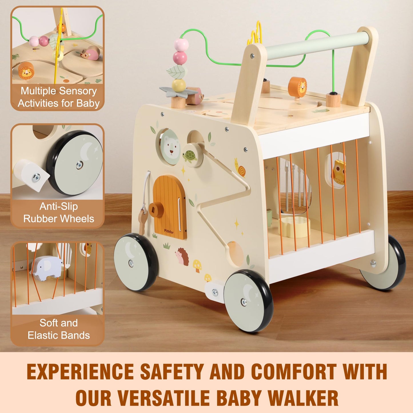 Pithfor Wooden Activity Cube Push Walker, Wooden Baby Walker, Montessori Push Toys for Babies Learning to Walk & Sit-to-Stand