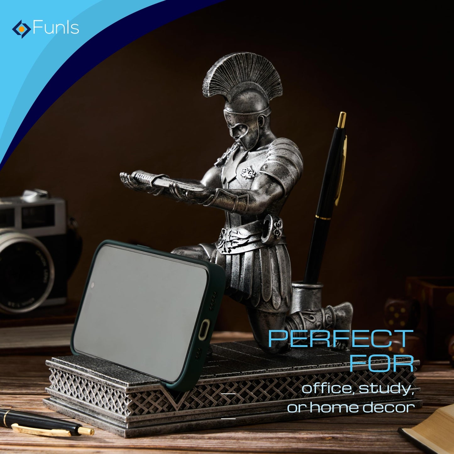 FUNIS Knight Pen Holder for Desk - Medieval Roman Knight Statue with 2 Pen Slots and Phone Stand - Cool Desk Decor for Men - Unique Executive Gift for Him