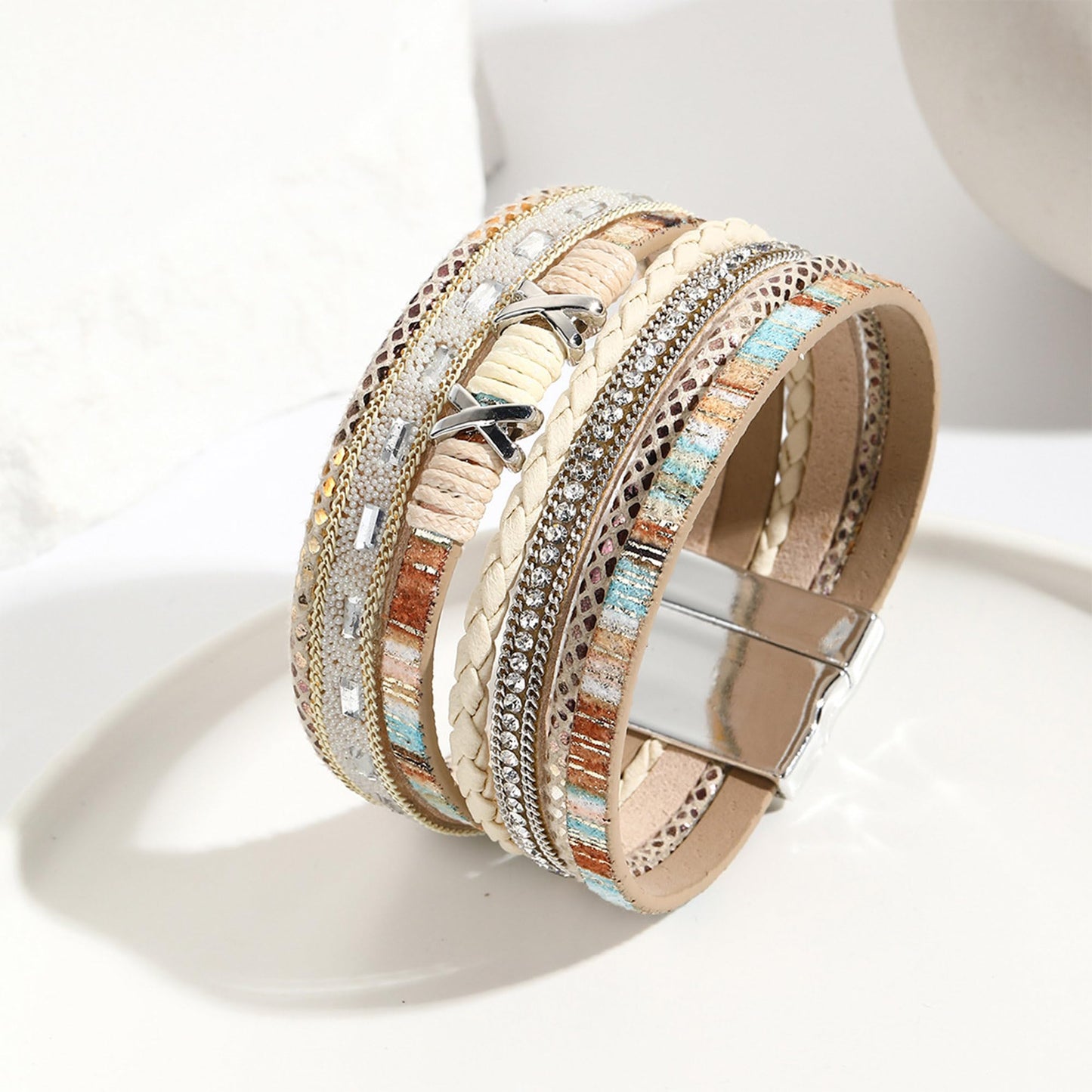 VIBILIA Boho Leather Wrap Bracelets for Women Trendy Layered Multi-Layer Boho Bracelets with Strong Clasp Jewelry for Women-Khaki
