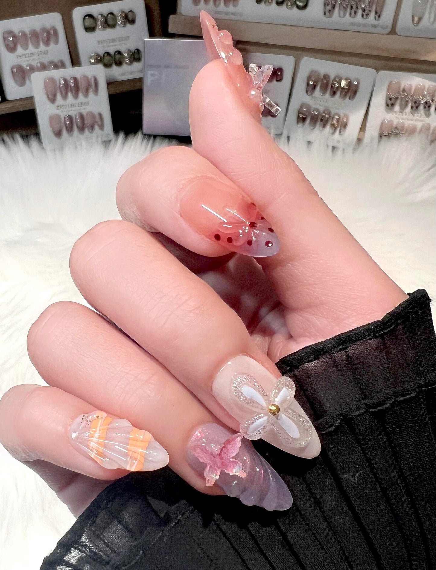 Handmade Press On Nails impress Fake Nails Medium Almond 3D Sea Shell Summer Cute beach nails Butterfly Finger Manicure glue False press ons Nail Artificial (S size)