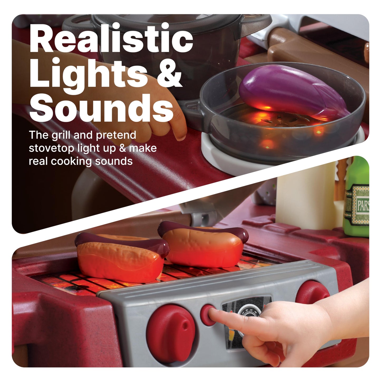 Step2 Grand Walk-In Kitchen & Grill Kids Playset, Indoor/Outdoor Kitchenette, Interactive Play with Lights and Sounds, Durable Plastic, 103 Piece Toy Accessories, Toddlers 2+ Years Old, Brown/Tan
