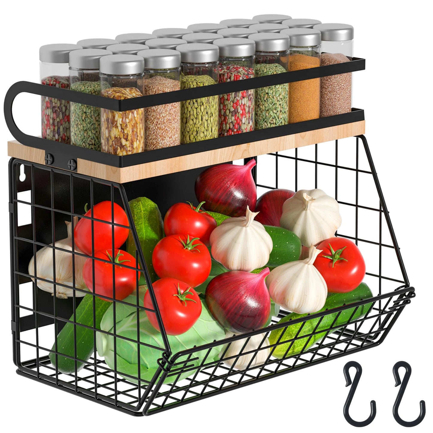 Uninol home Magnetic Shelf for Fridge with Wood Lid, Large Container Magnetic Spice Rack for Refrigerator,Fruit Potato and Onion Storage Bins, Pantry Organizers & Storage, Kitchen Counter, Cabinet