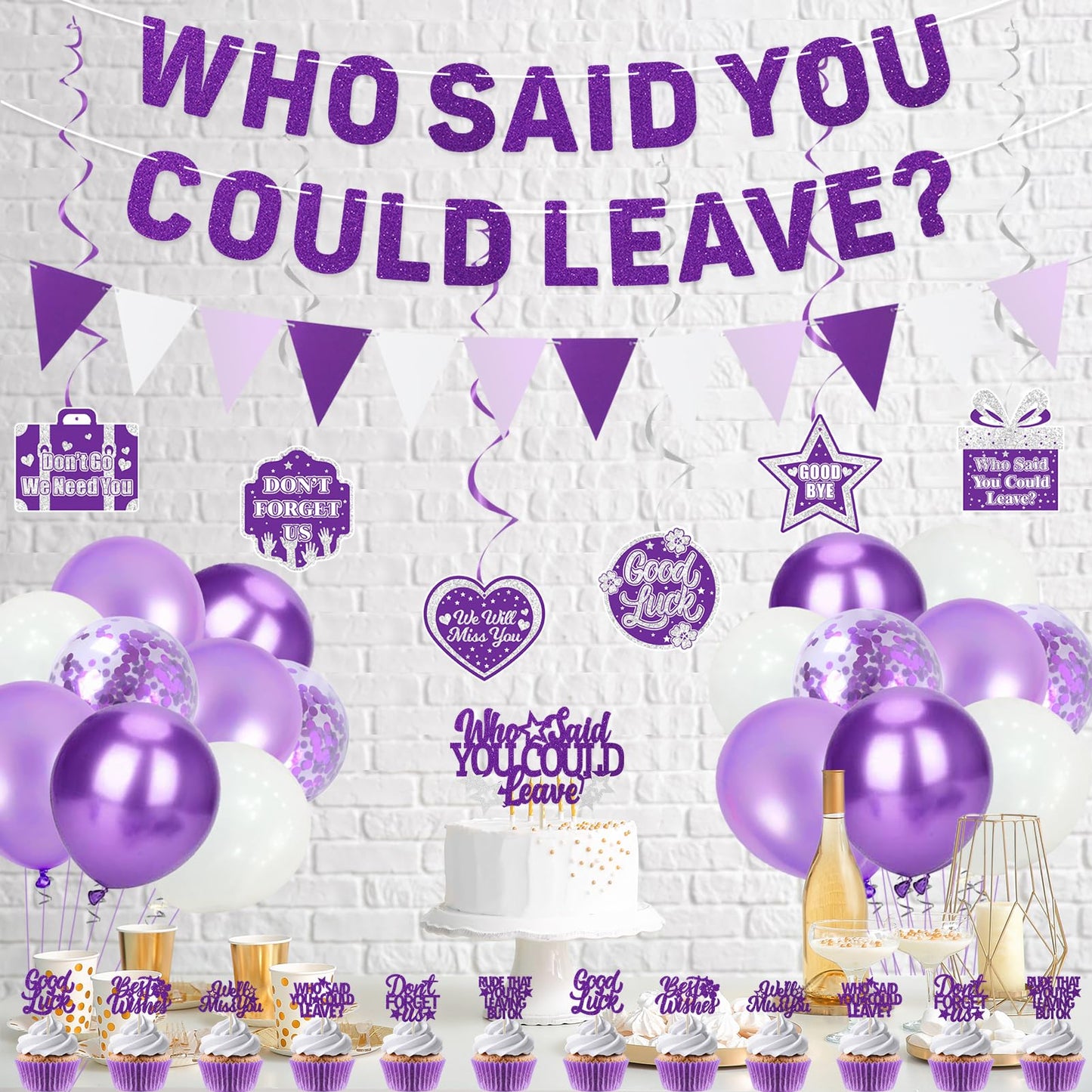 Roetyce Farewell Party Decorations, Purple Silver Who Said You Could Leave Banner Cake Toppers Balloons Hanging Swirls, Going Away Retirement Leaving Party Decorations, Coworker Goodbye Party Supplies
