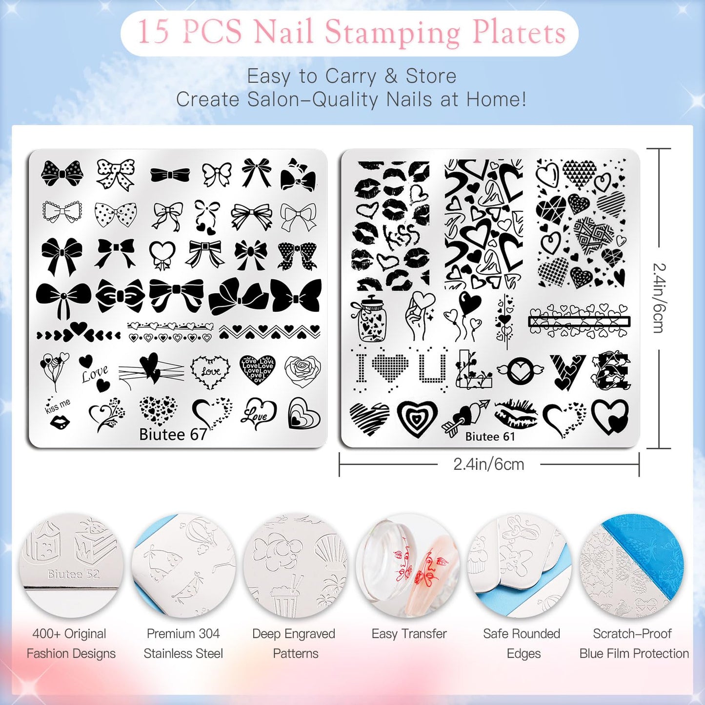 Biutee Nail Stamping Plates Set 15PCS Nail Stamper Kit with Nail Stamper, 2pcs Scraper & Storage Bag Nail Art Stamping Plates Butterfly Star Flower Leaf Bowknot Design Nail Stamping Kit