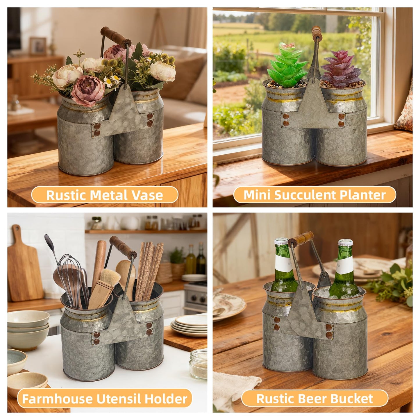 UPPER DECOR Set of 2 Rustic Galvanized Utensil Holders with Handles, Farmhouse Kitchen Crocks for Spoons, Forks & Knives, Countertop Organizer Buckets for Rustic Farmhouse Decor, 8"x4"x6.75"