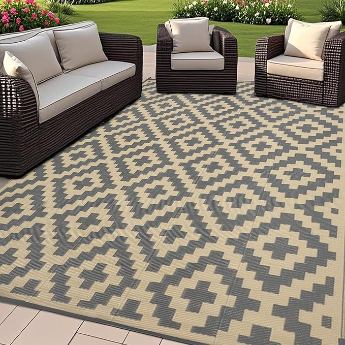 SAND MINE 6 x 9 Ft Reversible Mats, Plastic Straw Rug, Modern Area Rug, Large Floor Mat and Rug for Outdoors, RV, Patio, Backyard, Deck, Picnic, Beach, Trailer, Camping, Grey & Tan
