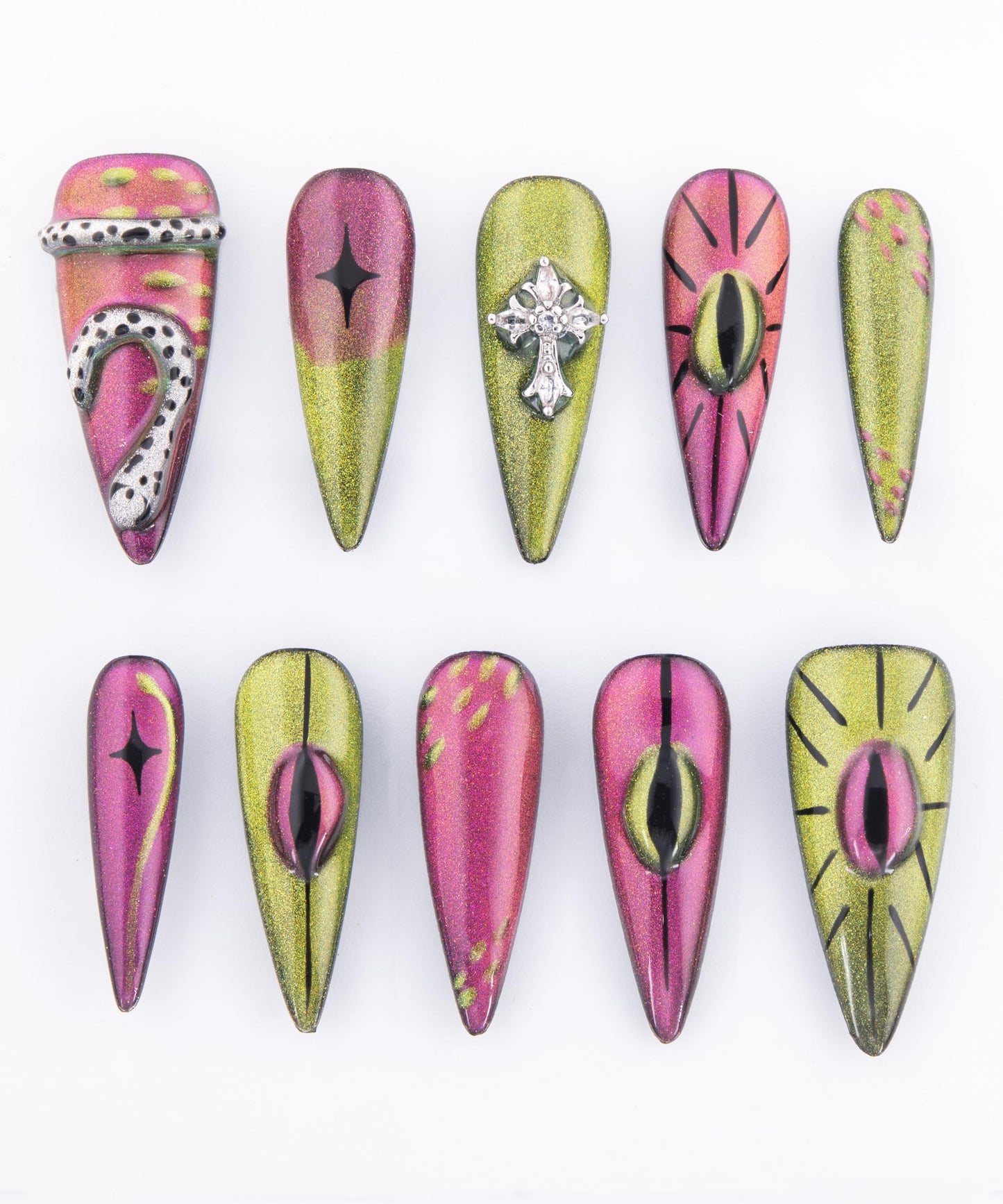 Cat Eye Nail Art Tips, Pink and Gold Glitter Design with Cross Pattern, 10 Pieces (Purple, M)