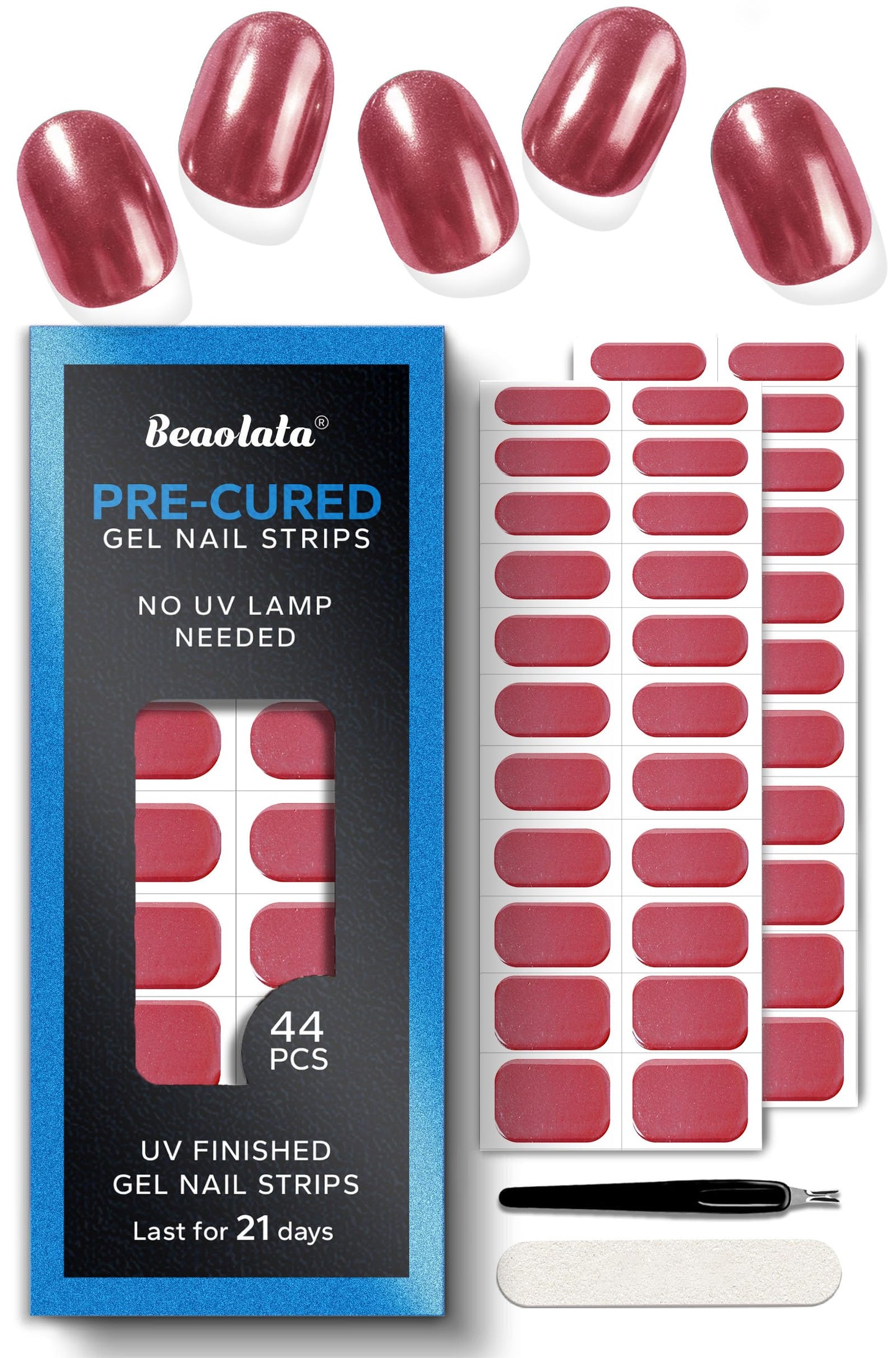 Beaolata Real Gel Nail Strips (No UV Light Needed) - 44Pcs Salon Quality Nail Stickers - Long Lasting Polish Wraps for Women, Easy Apply & Remove (Chrome Ribbon Red)