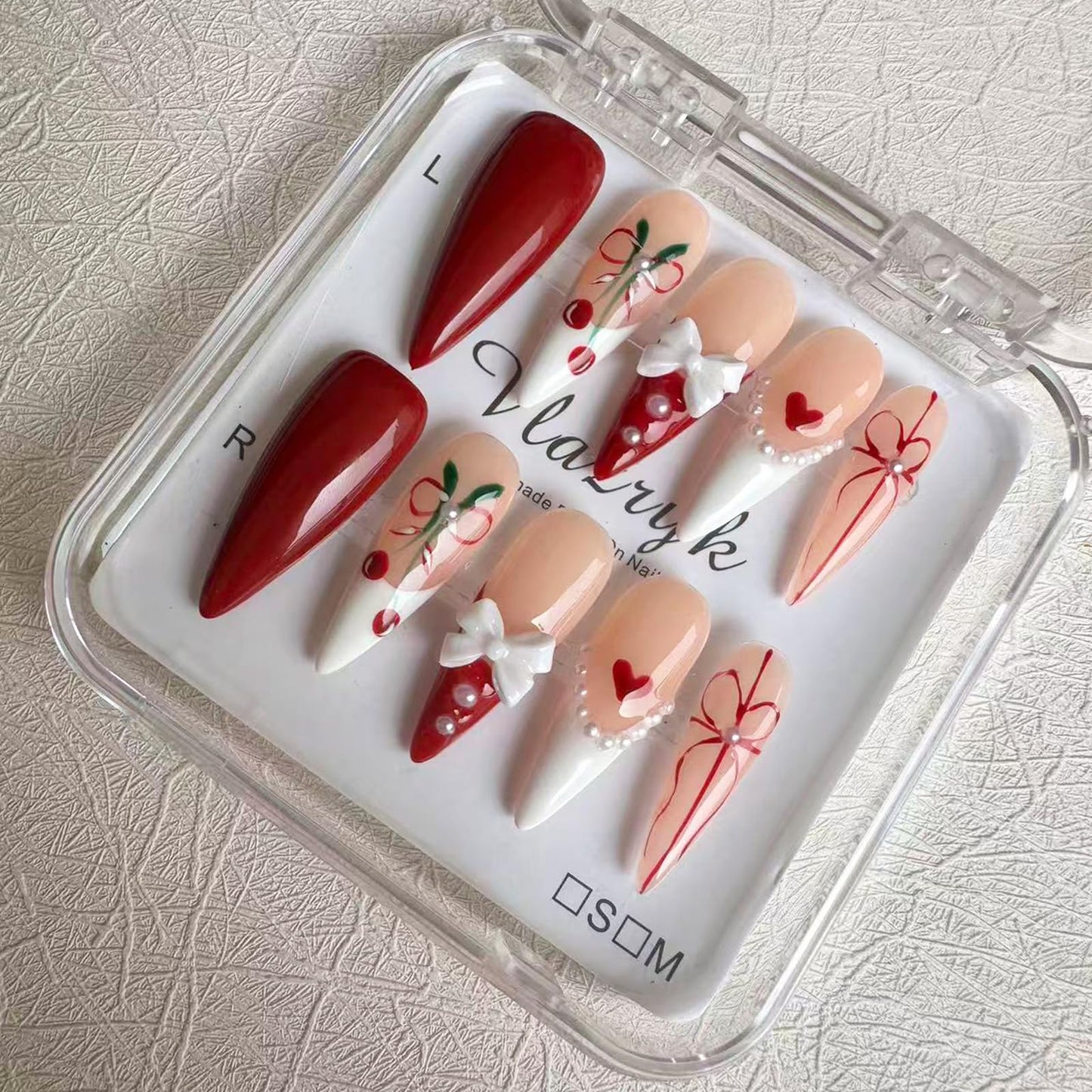 Luxury Handmade Press On Nails for Women,Reusable French Tip Long Almond False Nails, with 3D Red Bow & Cherry Pearls, Salon Quality Multilayer Gel Acrylic Fake Nails (10pcs) S SIZE