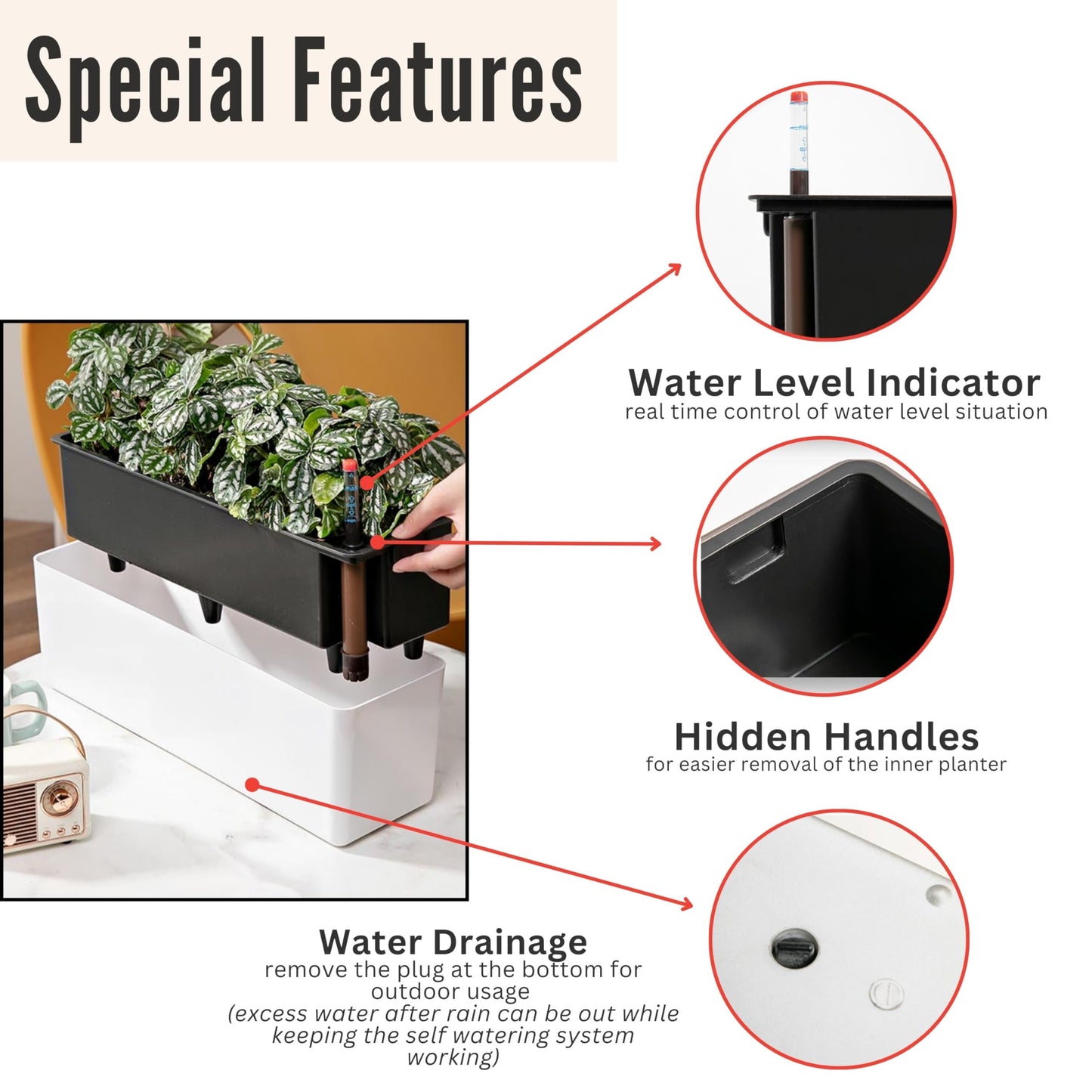 LaLaGreen Bundle- 2-Pack, 16 Inch Rectangular Self Watering Planter + 10-Pack, 5 Inch Black Self Watering Plastic Pot Decorative Eco Living Wall Mount Hanging Garden Windowsill Herb Boxes Indoor Home