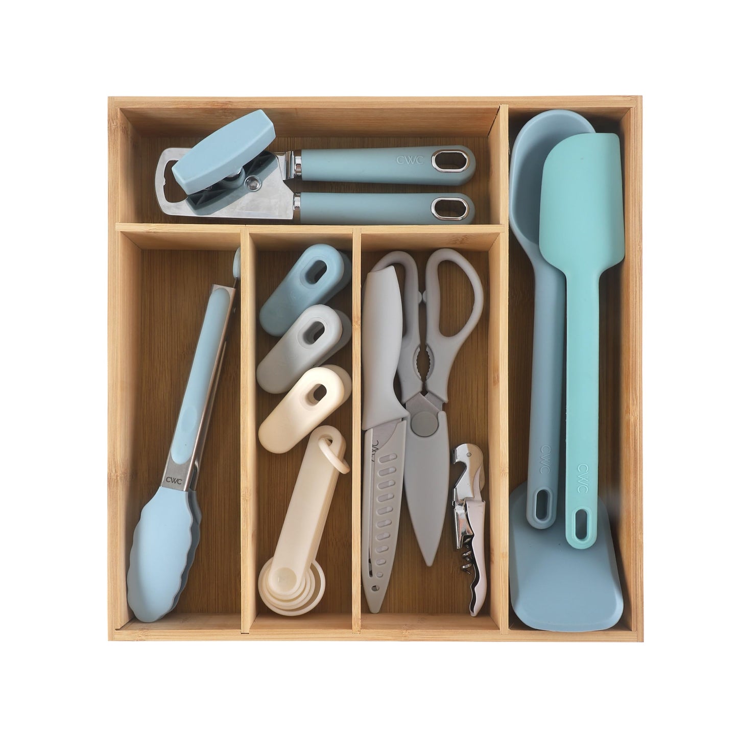 COOK WITH COLOR Bamboo Kitchen Utensil Set with Drawer Organizer | Cooking Tools and Storage Caddy, Blue, 18 Piece Gadget Set
