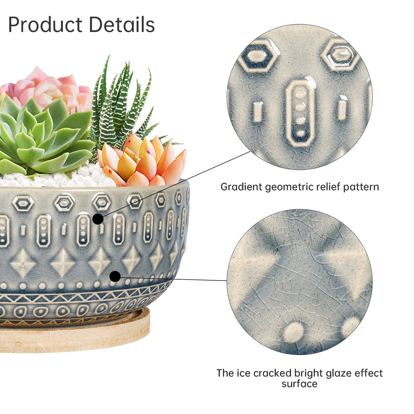 8 Inch Ceramic Succulent Planter Pots with Drainage Hole Flower Pot for Indoor Plants Round Shallow Bonsai Pot with Bamboo Tray Blue