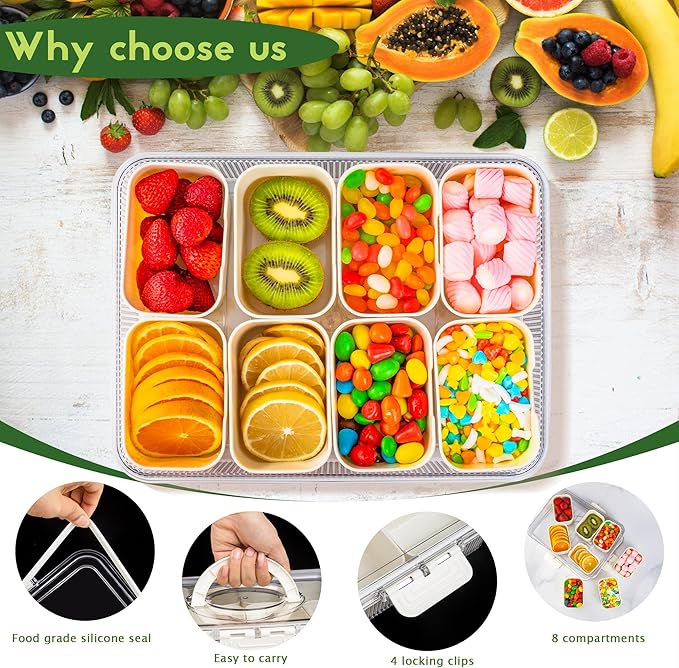 Patent Design Ribbed Snackle Box Container Snack Container Divided Serving Tray with Lid and Handle, 8 Divider Portable Snacklebox for Travel Beach for Charcuterie Veggie Fruit 2 Pack