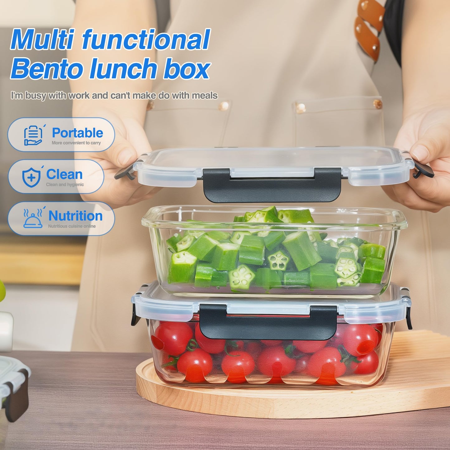 WWYH.DSS 5-Piece Set, 36 oz Glass Meal Prep Containers with Snap-Lock Lids, Airtight Lunch Containers, Microwave, Oven, Refrigerator & Dishwasher Safe,Black