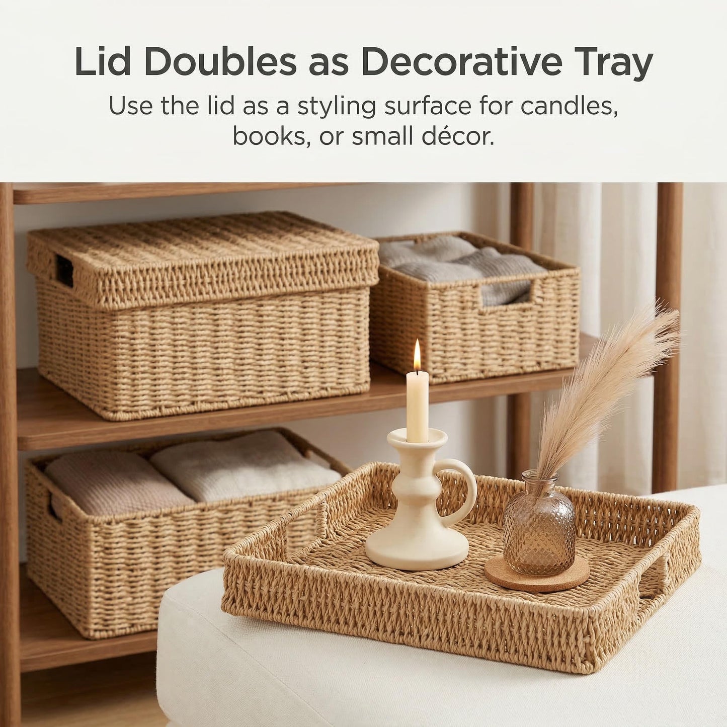GANLUX Wicker Storage Basket with Lid - Woven Basket for Storage,Rectangular Decorative Boxes Bins with Lids for Shelves,living room, Nursery, 3 baskets+1 lids(Natural)