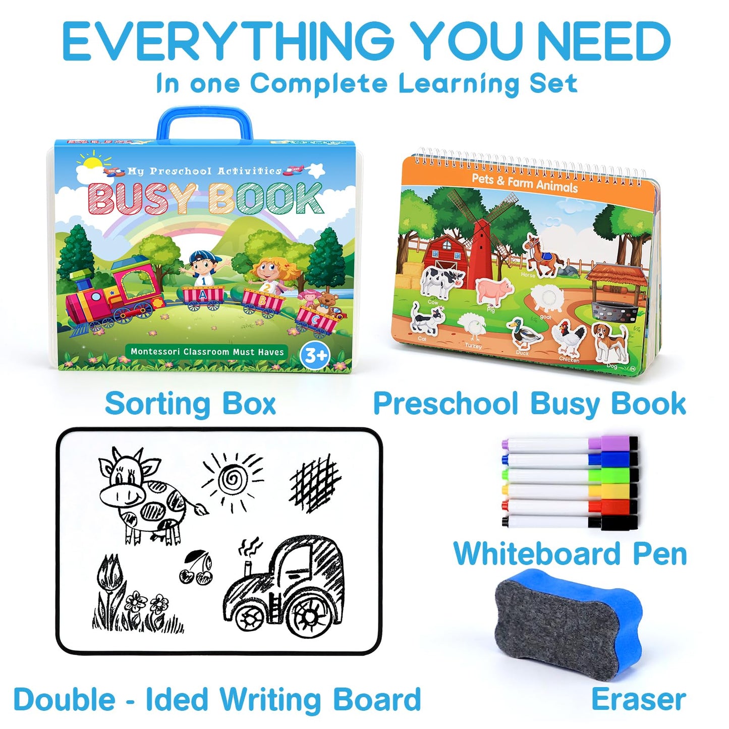 HarVow Busy Book with Classified Storage Box & Double-Sided Writing Board, 15 Themes Montessori Preschool Learning Activities, Pre-Assembled Ready to Use, Sensory Travel Toys for Toddlers Ages 3-5