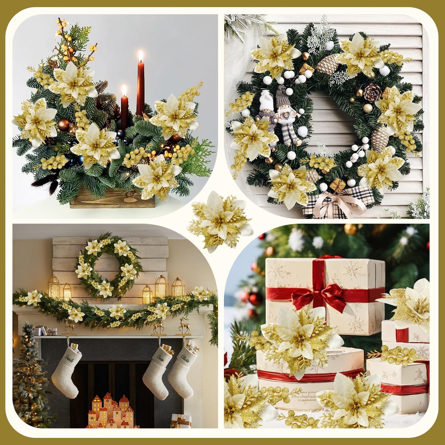 trytuny 50pcs Glitter Poinsettia Christmas Ornaments, Artificial Flowers with Clips Stems for DIY Wreath Making, Holiday Home Party Decorations, Indoor Use (Gold)