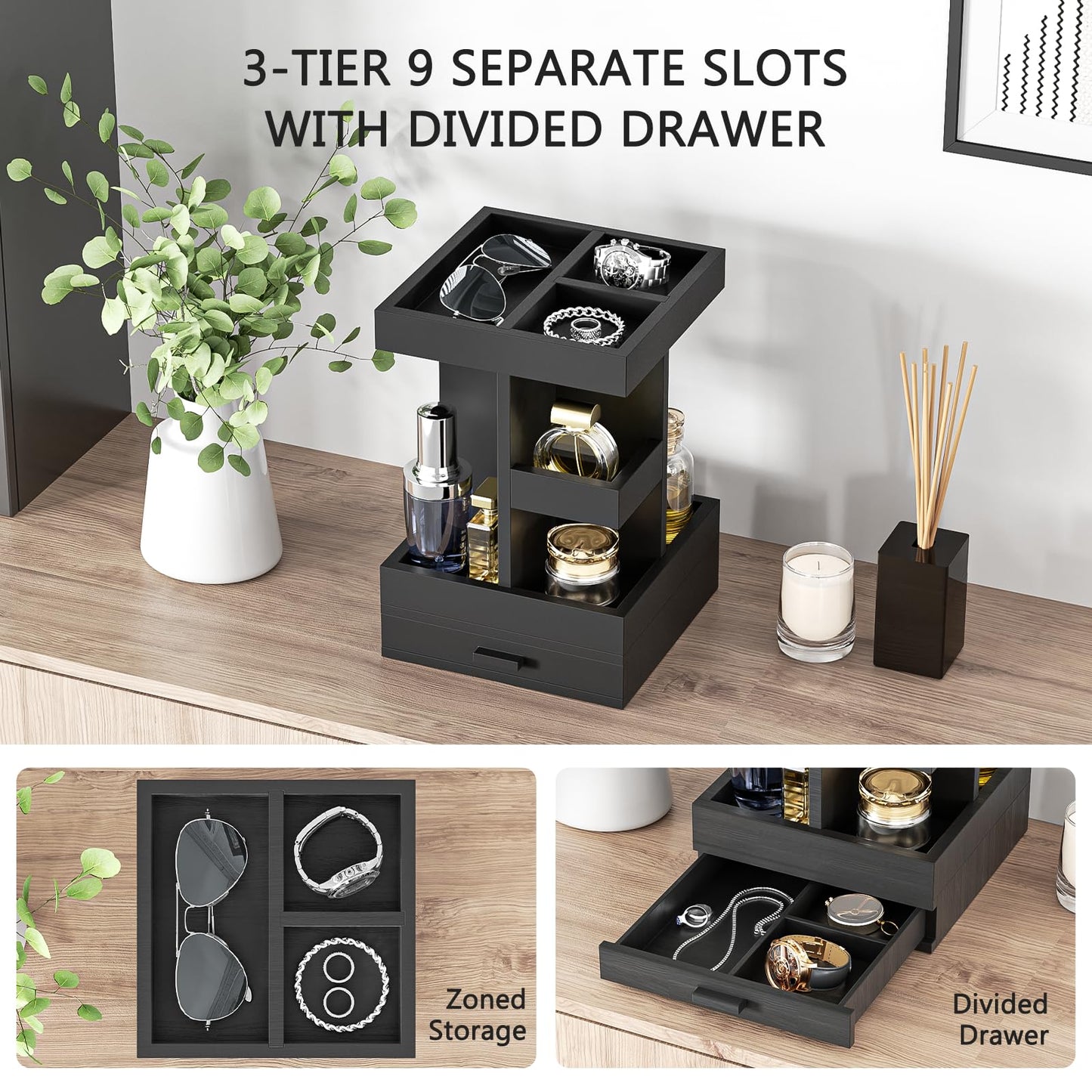 Cologne Organizer for Men, Cologne Stand, 3 Tier Wooden Perfume Organizer, Rotating Mens Cologne Shelf with Drawer, Fragrance Display Holder Desk Organizer, Gift Ideas for Men Him Dad Husband