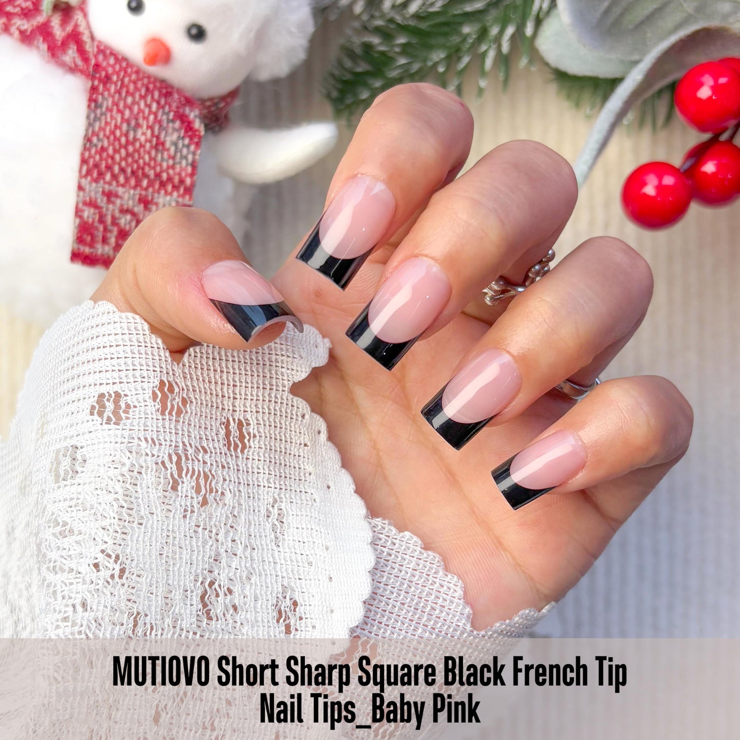 MUTIOVO Black French Tip Short Straight Square Nail Tips Press on, BABY PINK Extra Thick NEED Soft Gel Nail Extension, Need Builder gel & Top,Coat Full Cover False Nails, for DIY x 15 Sizes 150 pcs