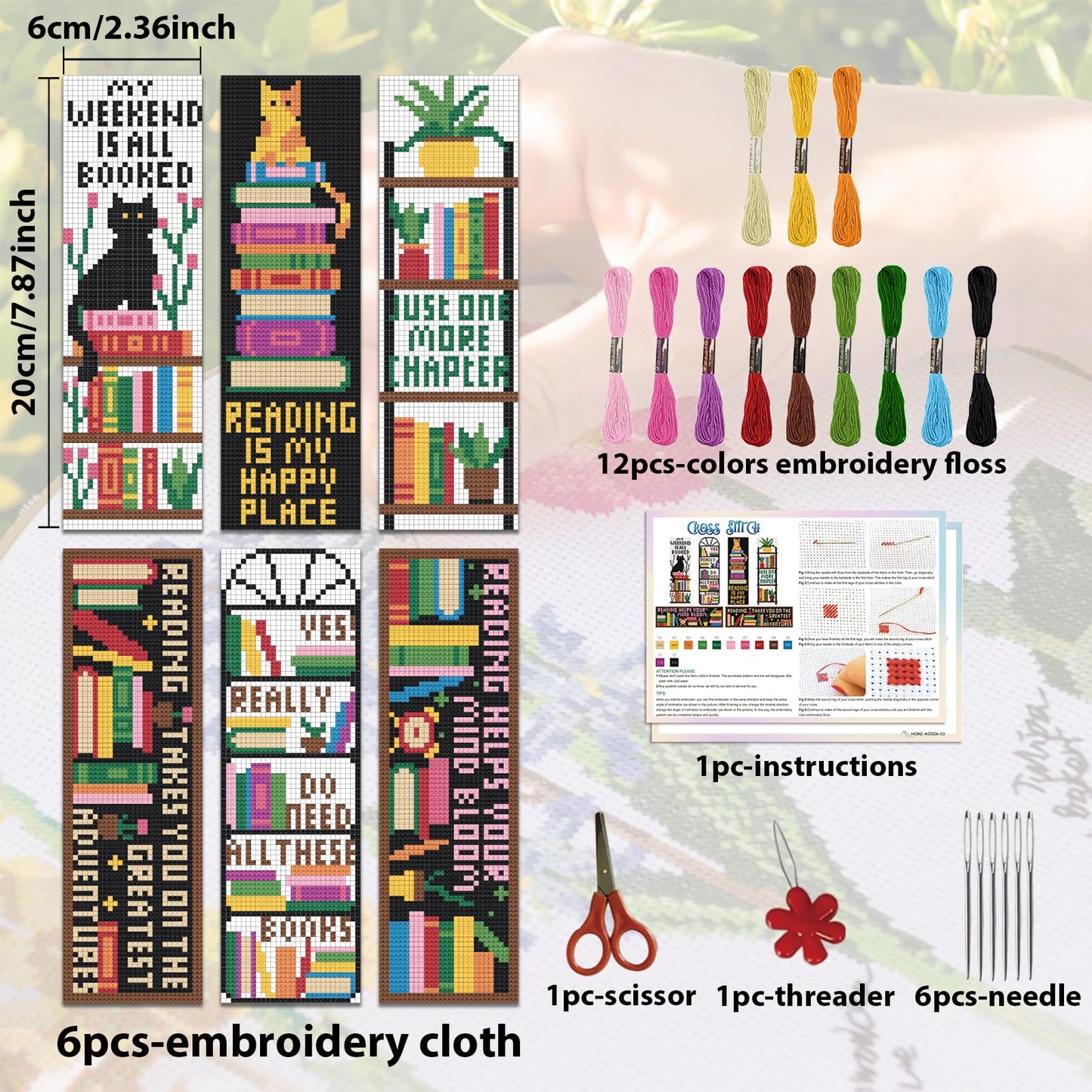 ACRNIGHEET 6PCS Cross Stitch Bookmark Kits Bookshelves Words Pattern Counted Cross Stitch Kits for Beginners Adults DIY Stamped Embroidery Bookmarks with Instructions Hand Embroidery Craft Gift