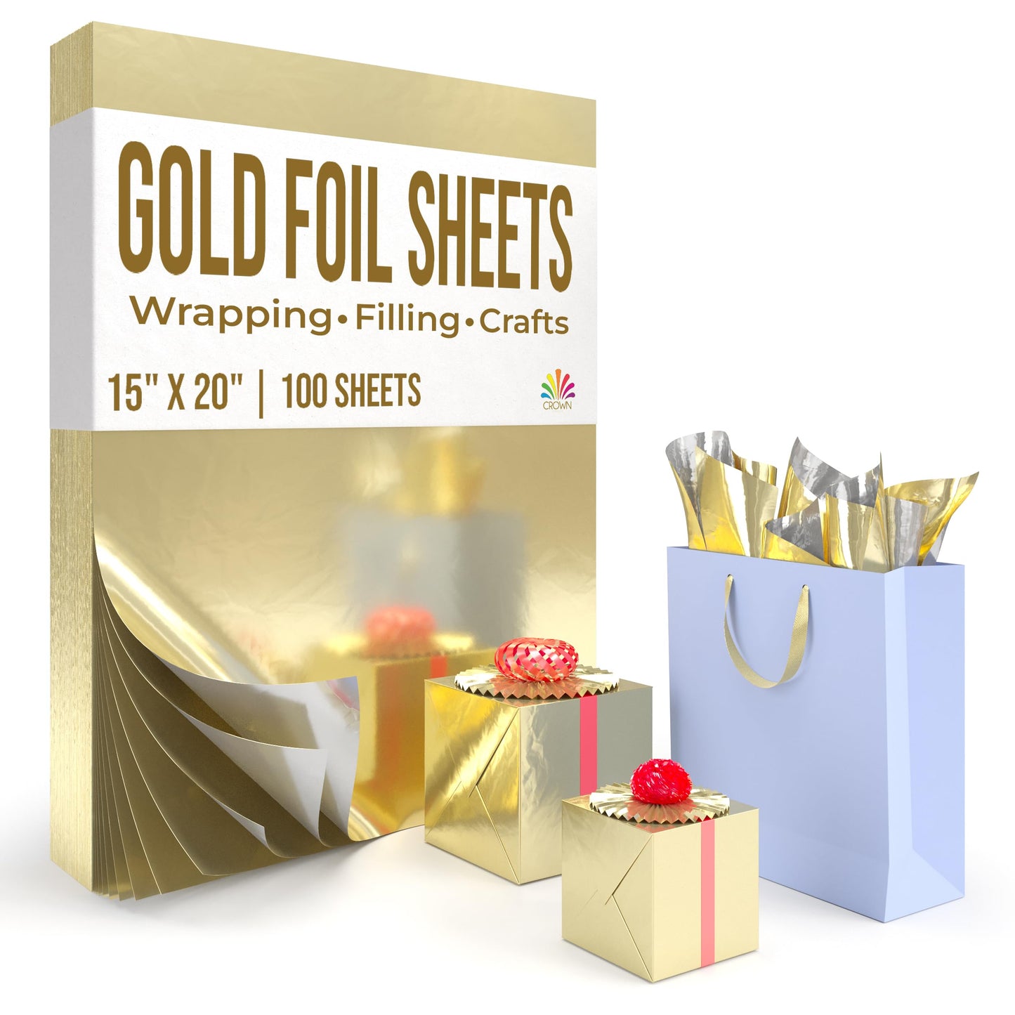 Crown Display Gold Wrapping Paper Christmas Wrapping Paper Gold Metallic Sheets | 100 Sheets 15" x 20" - For Christmas Gift Wrap, Arts & Crafts, Wedding, Birthday, Valentines Day or Mothers Day