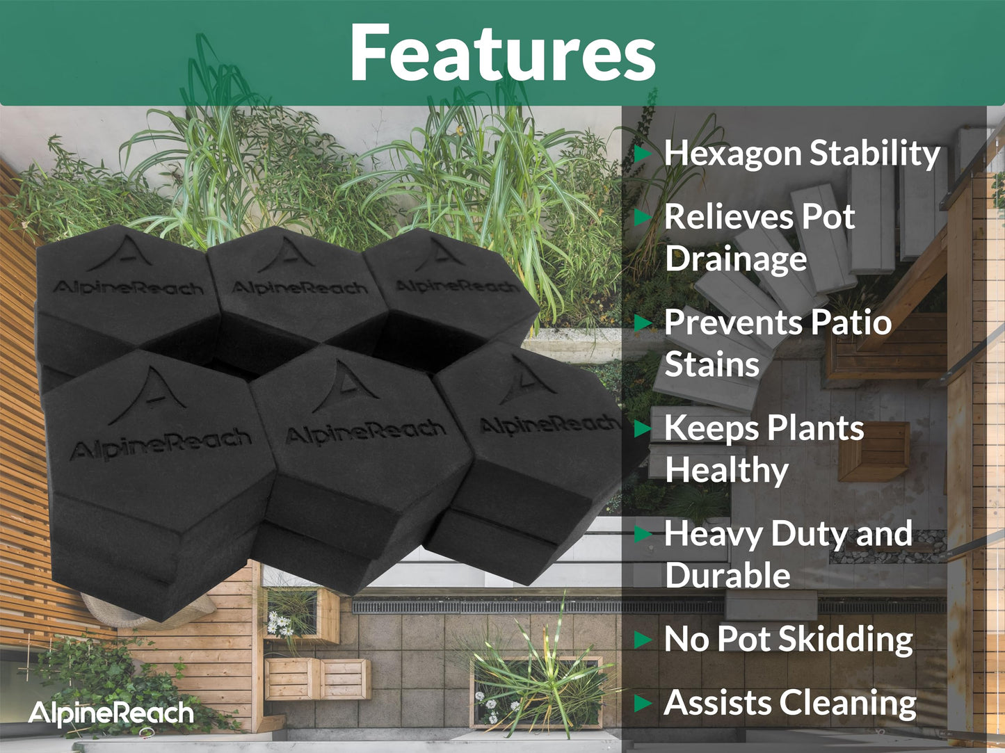 AlpineReach Extra Heavy Duty Pot Feet Risers 20 Pack Hexagons & Adhesive Pads - Protect Healthy Plants - Strong Invisible Supports Small Large Flower Planters Stability - Outdoor Lifter Toes Elevator